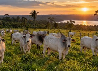 Porto Velho tem 1,61 milhão de bovinos declarados; veja divisão entre corte e leite Rebanho de Porto Velho representado por bovinos de corte em pastagem rural com vegetação amazônica ao entardecer.