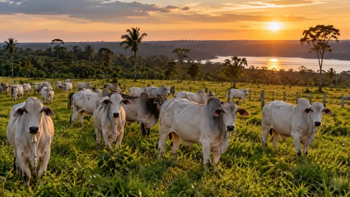 Rebanho bovino em pastagem rural de Porto Velho Rebanho de Porto Velho representado por bovinos de corte em pastagem rural com vegetação amazônica ao entardecer.