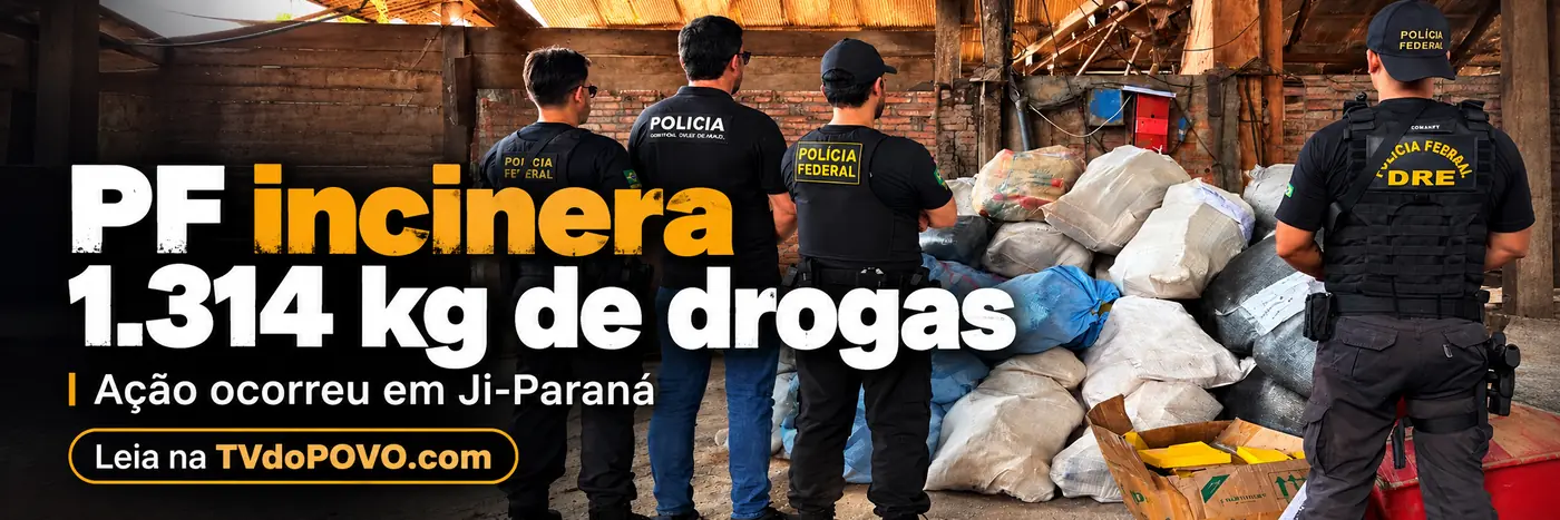 Faixa gráfica ilustrativa sobre incineração de 1.314 kg de drogas em Ji-Paraná.