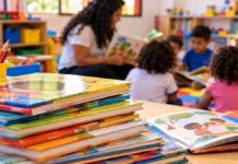Creches e pré-escolas vão escolher novos acervos do PNLD; entenda como funciona Livros infantis e professora com crianças em sala de aula sobre o PNLD Educação Infantil