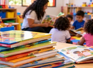 Creches e pré-escolas vão escolher novos acervos do PNLD; entenda como funciona Livros infantis e professora com crianças em sala de aula sobre o PNLD Educação Infantil
