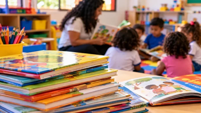 PNLD Educação Infantil 2026–2029 Livros infantis e professora com crianças em sala de aula sobre o PNLD Educação Infantil
