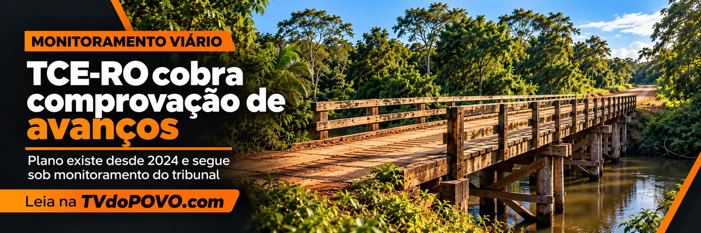 Faixa editorial da TVdoPOVO sobre monitoramento do TCE-RO e avanços no plano de pontes de madeira em Rondônia