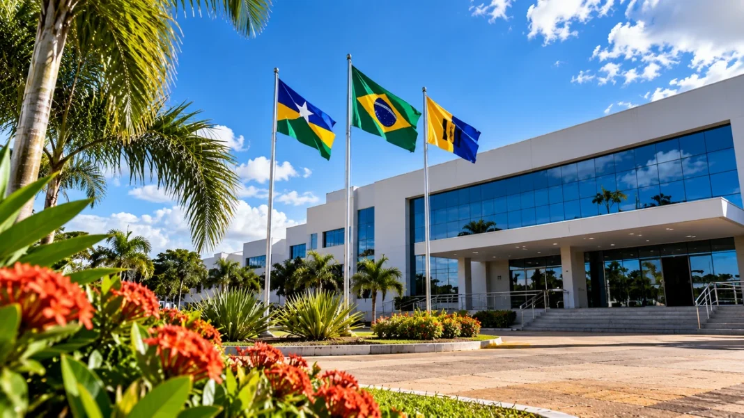 Ponto facultativo em Porto Velho ilustrado por composição de prédio administrativo, bandeiras e paisagismo urbano.