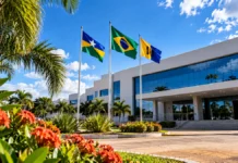 Porto Velho transfere ponto facultativo para 30 de outubro; veja os serviços essenciais Ponto facultativo em Porto Velho ilustrado por composição de prédio administrativo, bandeiras e paisagismo urbano.