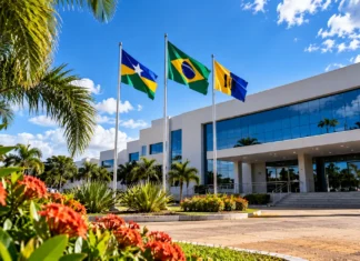 Porto Velho transfere ponto facultativo para 30 de outubro; veja os serviços essenciais Ponto facultativo em Porto Velho ilustrado por composição de prédio administrativo, bandeiras e paisagismo urbano.
