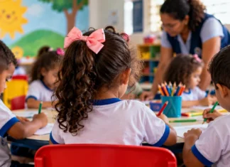 Pré-escola em Vista Alegre do Abunã prevê nova chamada em novembro Pré-escola em Vista Alegre do Abunã ilustrada por crianças em atividade de desenho com acompanhamento de professora