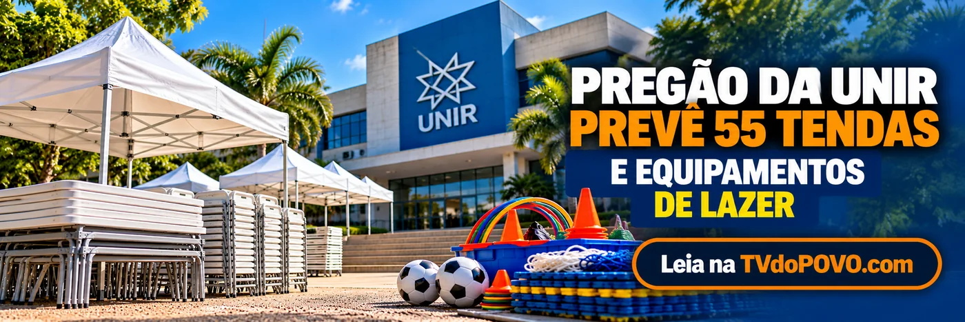 Faixa ilustrativa do pregão da UNIR com tendas, mesas e equipamentos de lazer; arte criada por inteligência artificial e assinatura Leia na TVdoPOVO.com