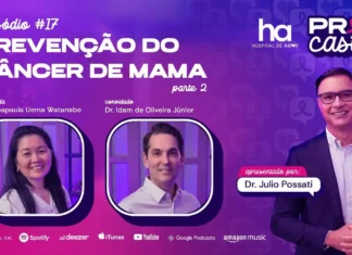 PrevCast #17 aborda IA, hormônios e cuidados após o câncer de mama Câncer de mama: capa oficial do PrevCast #17 com Dra. Anapaula Uema Watanabe, Dr. Idam de Oliveira Júnior e Dr. Júlio Possati