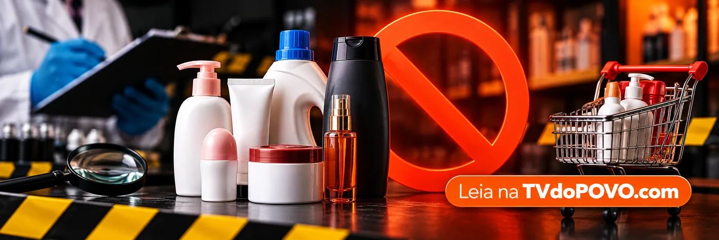 Faixa editorial sobre produtos proibidos pela Anvisa com itens genéricos de higiene, cosméticos e limpeza