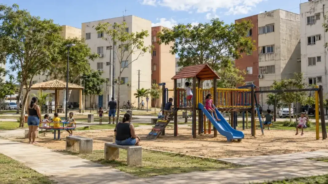 Área de lazer infantil em conjunto habitacional, em imagem ilustrativa sobre o Programa Comunidade Viva e as melhorias previstas em Porto Velho.