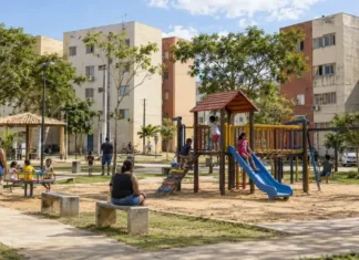 Porto Velho prevê lazer e melhorias em nove residenciais Área de lazer infantil em conjunto habitacional, em imagem ilustrativa sobre o Programa Comunidade Viva e as melhorias previstas em Porto Velho.