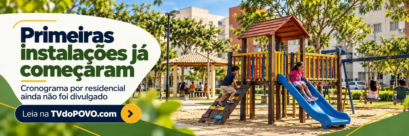 Faixa editorial informa que as primeiras instalações do Estação Brincar começaram, mas o cronograma por residencial ainda não foi divulgado.