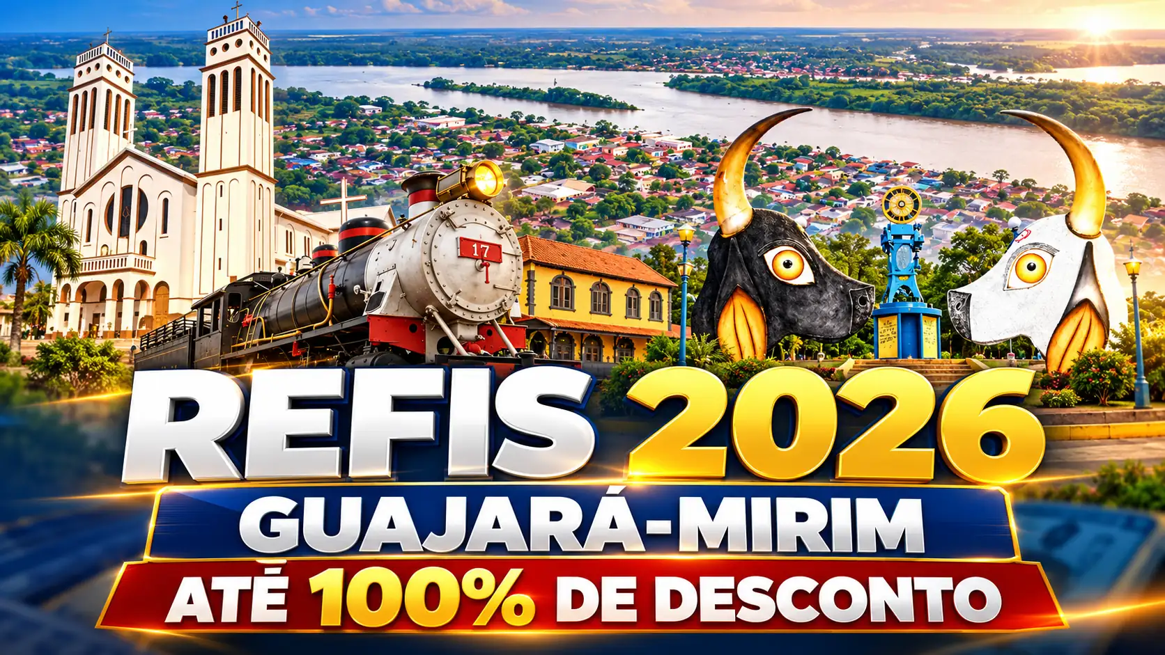 REFIS 2026 em Guajará-Mirim tem descontos de até 100% em juros e multas; veja as regras Arte editorial sobre o REFIS 2026 em Guajará-Mirim com referências visuais da cidade e destaque para desconto de até 100%