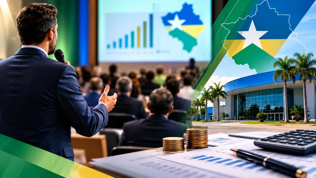 Encontro da AROM discutirá Reforma Tributária em Rondônia Imagem ilustrativa sobre Reforma Tributária em Rondônia, com palestra, gestores em auditório e elementos de planejamento fiscal