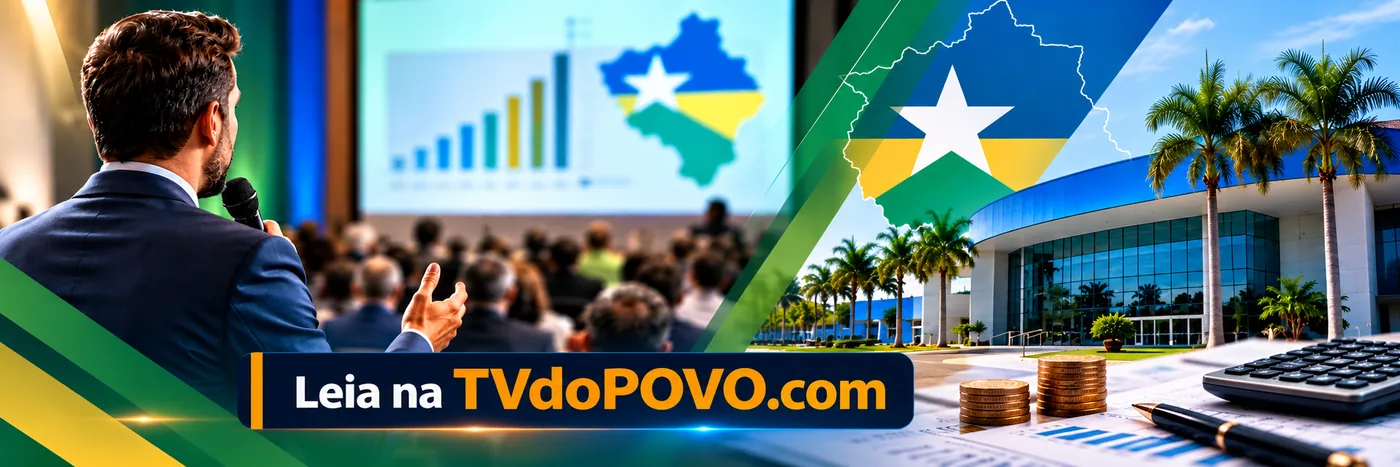 Faixa editorial sobre Reforma Tributária em Rondônia com palestra ilustrativa, documentos financeiros e assinatura Leia na TVdoPOVO.com