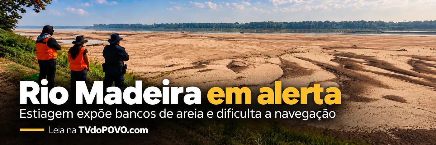 Rio Madeira em alerta — faixa editorial Arte editorial sobre o Rio Madeira com leito arenoso exposto e alerta para a navegação.