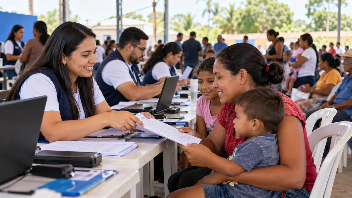 Rondônia Cidadã supera 255 mil atendimentos e prevê edição em Nova União Ilustração editorial de atendimento itinerante do Rondônia Cidadã, com profissional orientando família em balcão de serviços.