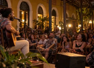 Sarau Brasilidades começa às 18h deste sábado com entrada gratuita Cena ilustrativa de apresentação musical em espaço cultural de Porto Velho, representando o Sarau Brasilidades e sua programação de música brasileira.