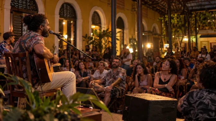 Cena ilustrativa de apresentação musical em espaço cultural de Porto Velho, representando o Sarau Brasilidades e sua programação de música brasileira.