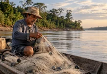 Pescadores de Rondônia têm prazo ampliado para pedir Seguro-Defeso; veja como solicitar Pescador artesanal organiza rede em embarcação de madeira, em cena ilustrativa sobre o prazo do Seguro-Defeso em Rondônia.