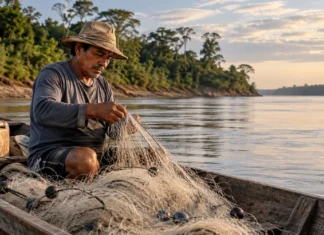 Pescadores de Rondônia têm prazo ampliado para pedir Seguro-Defeso; veja como solicitar Pescador artesanal organiza rede em embarcação de madeira, em cena ilustrativa sobre o prazo do Seguro-Defeso em Rondônia.