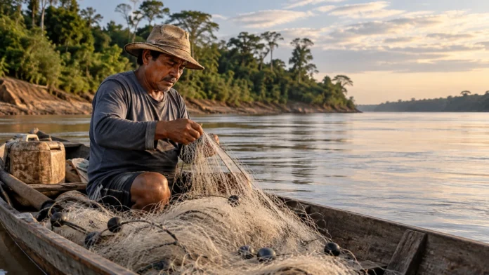 Pescador artesanal organiza redes em rio de Rondônia Pescador artesanal organiza rede em embarcação de madeira, em cena ilustrativa sobre o prazo do Seguro-Defeso em Rondônia.