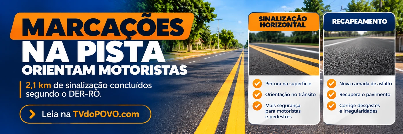 Infográfico da TVdoPOVO explica a diferença entre sinalização horizontal e recapeamento, destacando 2,1 km de marcações na RO-010.