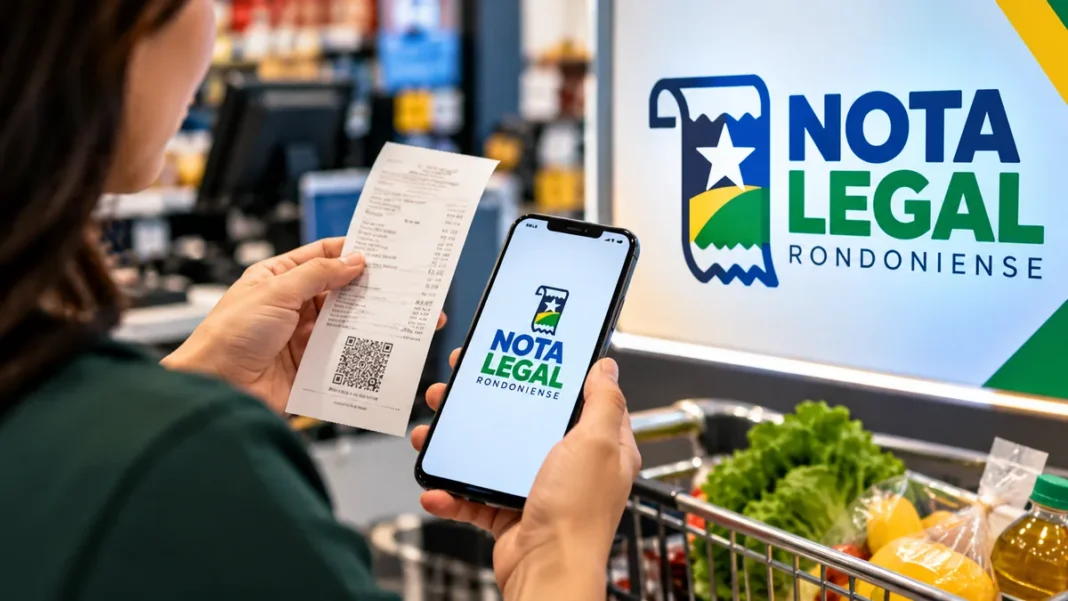 Sorteio Nota Legal ilustrado por consumidora com nota fiscal e celular em um supermercado de Rondônia