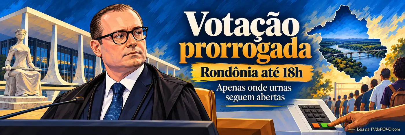 Votação prorrogada em Rondônia — faixa 1400 x 467 Faixa editorial ilustrada: prorrogação da votação em Rondônia até 18h somente onde as urnas continuam abertas.
