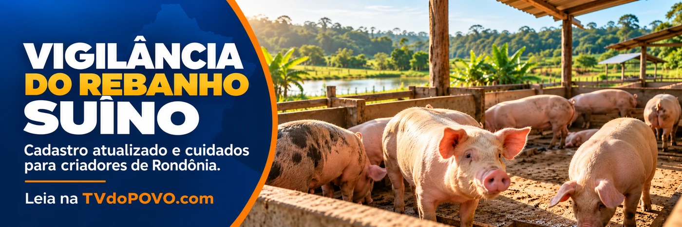 Faixa informativa sobre cuidados sanitários e acompanhamento da criação de suínos em Rondônia.
