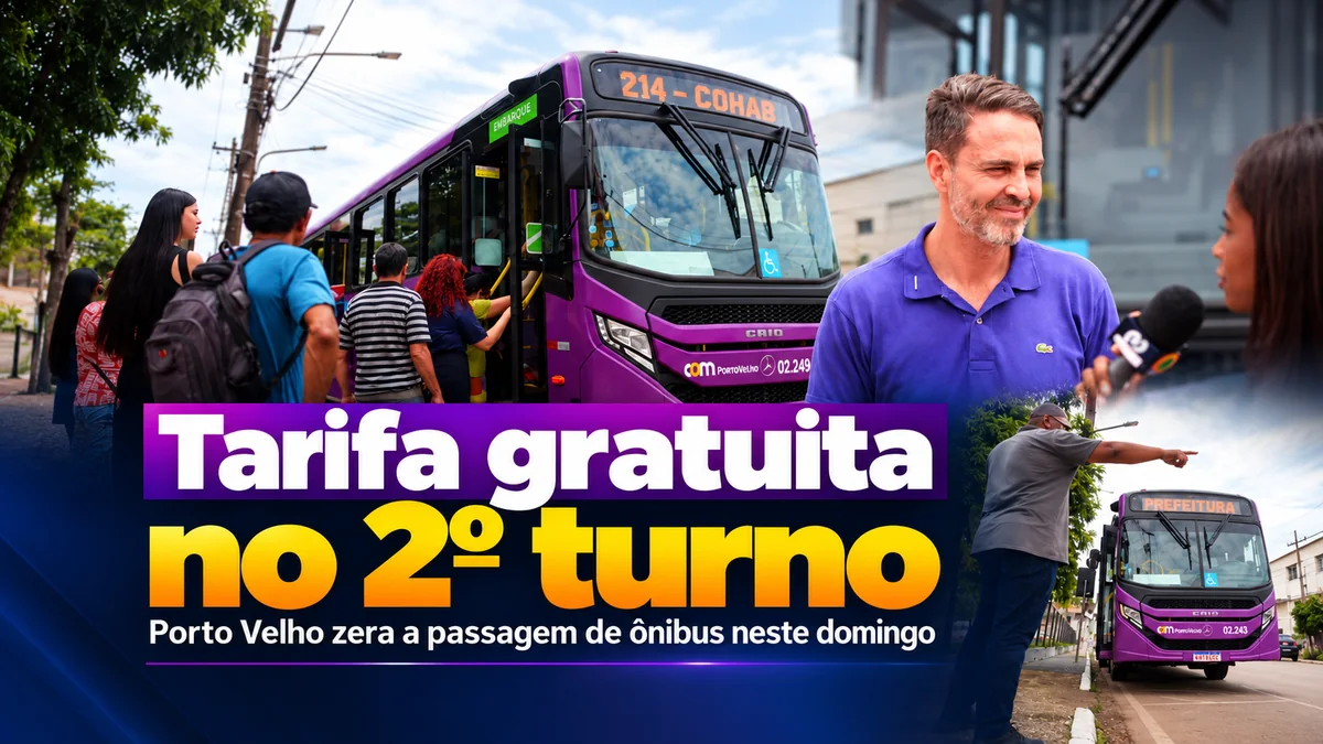 Tarifa gratuita no 2º turno: ônibus de Porto Velho terão passagem zero das 5h às 18h Tarifa gratuita no segundo turno em Porto Velho: composição ilustrativa de ônibus urbano roxo e entrevista sobre a gratuidade.