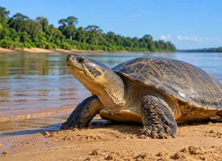 Monitoramento de 360 tartarugas revela risco aos ninhos no Rio Guaporé Tartaruga-da-Amazônia adulta em praia fluvial, imagem ilustrativa das tartarugas no Guaporé e de seu ambiente natural de reprodução.