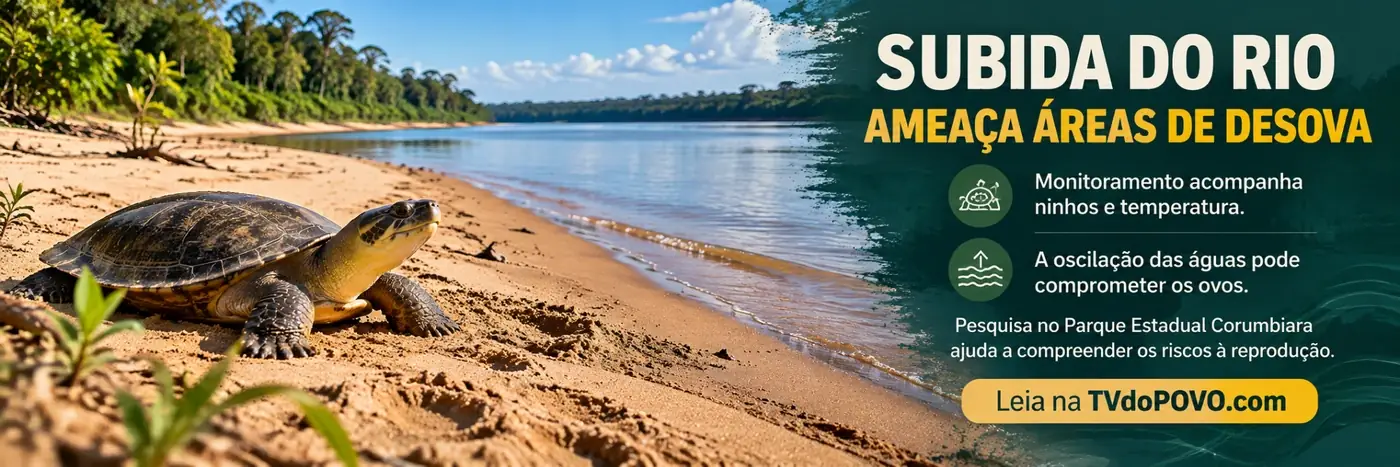 Faixa ilustrativa mostra tartaruga em praia fluvial e explica que a subida do rio pode atingir áreas de desova e comprometer ovos.
