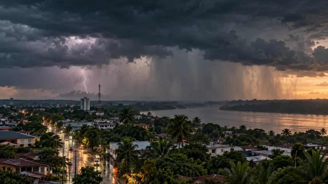 Nuvens de tempestade e chuva sobre área urbana em referência à previsão para Rondônia