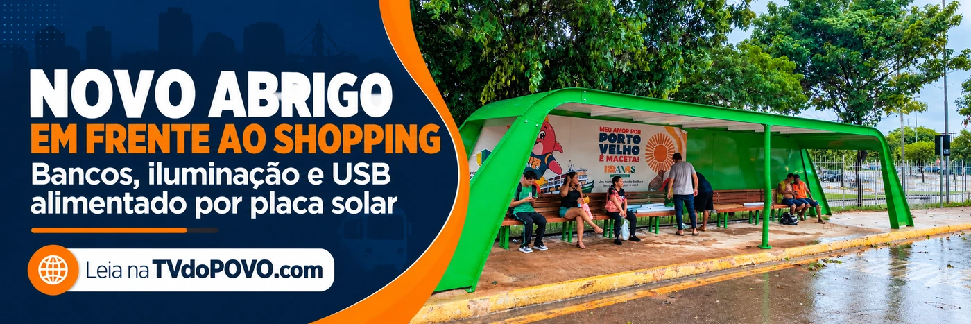Abrigo de ônibus oferece bancos e recarga USB solar Faixa editorial do segundo Terminal Arco em frente ao shopping de Porto Velho, com bancos, iluminação e USB solar.