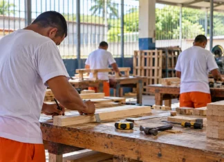 Rondônia ocupa 3º lugar nacional em participação no trabalho prisional Cena ilustrativa de trabalho prisional em Rondônia, com adultos realizando atividades de marcenaria em oficina.