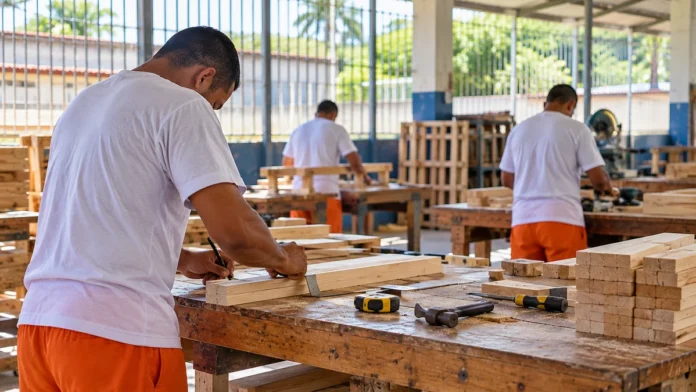 Trabalho prisional em Rondônia — oficina de marcenaria Cena ilustrativa de trabalho prisional em Rondônia, com adultos realizando atividades de marcenaria em oficina.