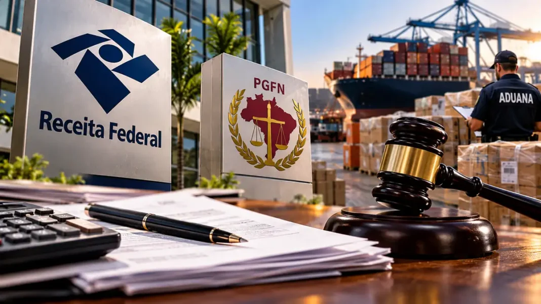Transação PGFN para multas aduaneiras Composição editorial sobre Receita Federal, PGFN, fiscalização aduaneira e negociação de multas