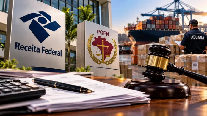 Transação PGFN para multas aduaneiras Composição editorial sobre Receita Federal, PGFN, fiscalização aduaneira e negociação de multas
