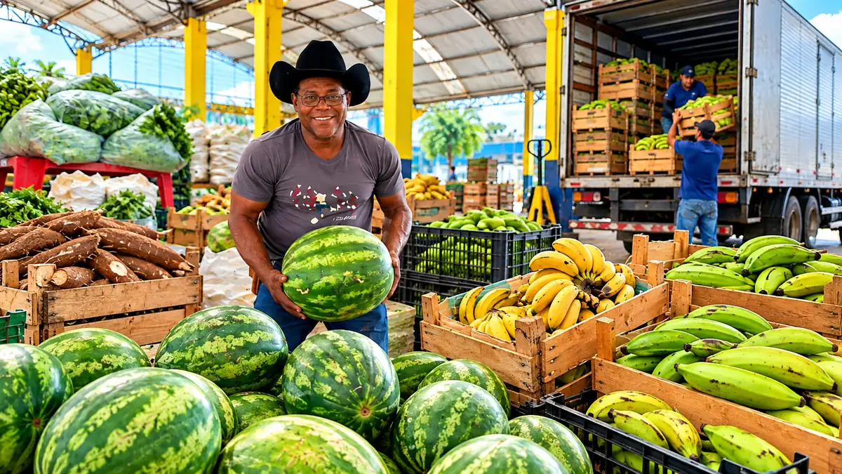 Transporte da Produção leva quase 1,9 mil toneladas do campo ao mercado em Porto Velho Ilustração editorial de agricultor com melancia em entreposto de alimentos, com bananas, mandioca e caminhão de transporte em Porto Velho.