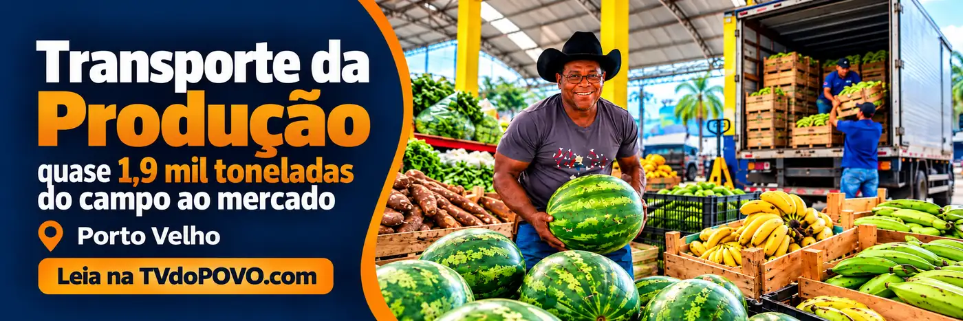 Transporte da Produção leva alimentos do campo ao mercado — faixa TVdoPOVO Faixa editorial TVdoPOVO com caminhão de carga, bananas, melancias e agricultor ilustrativo, sobre o Transporte da Produção em Porto Velho.