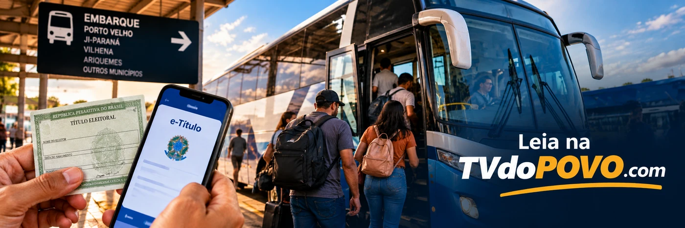 Faixa editorial ilustrativa sobre transporte intermunicipal gratuito em Rondônia no segundo turno, com ônibus, e-Título representado e assinatura Leia na TVdoPOVO.com.