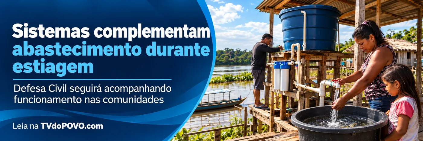 Faixa editorial sobre sistemas de água em comunidades ribeirinhas durante a estiagem
