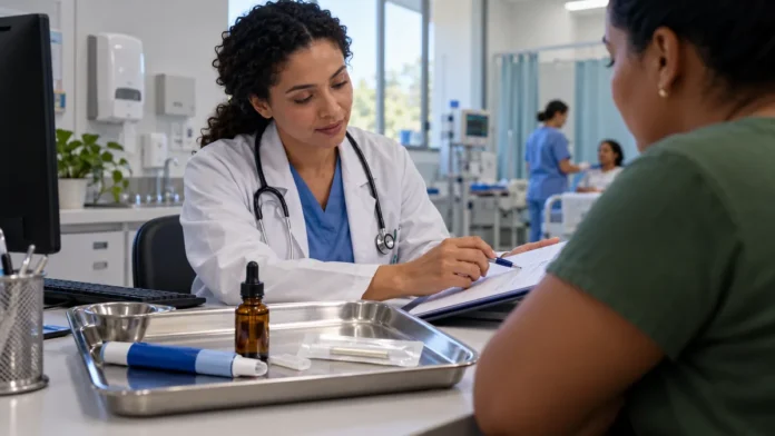 Consulta médica sobre tratamentos no SUS em Rondônia com itens clínicos ilustrativos