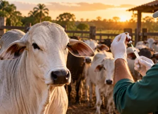 Mapa disponibiliza 14,5 milhões de doses contra clostridioses; entenda por que isso importa para Rondônia Trabalhador rural prepara vacina para bovino em curral, em imagem ilustrativa sobre vacina contra clostridioses