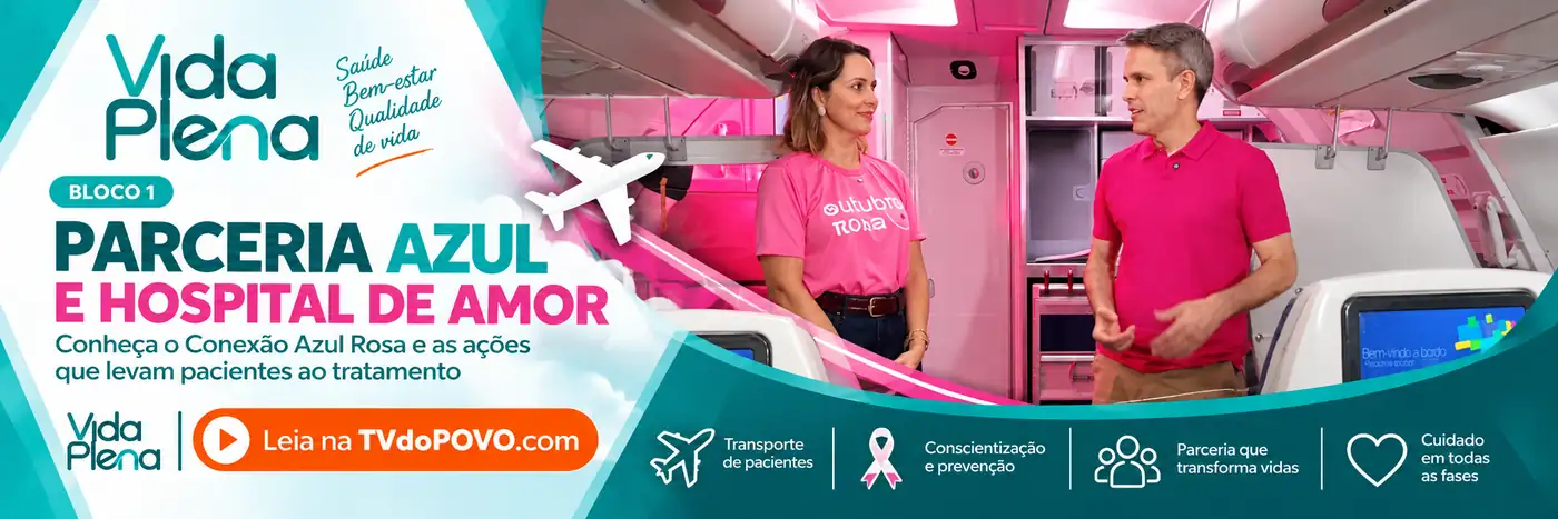 Faixa do bloco 1 do Vida Plena sobre a parceria Azul e Hospital de Amor, com apresentador e Débora em cabine de avião e destaque ao Conexão Azul Rosa