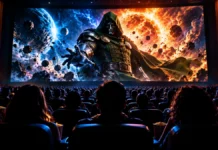 Vingadores: Doutor Destino estreia em dezembro; veja elenco e o que assistir antes Doutor Destino, de capuz verde e máscara metálica, aparece em projeção de cinema em cenário cósmico ilustrativo.