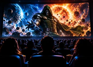 Vingadores: Doutor Destino estreia em dezembro; veja elenco e o que assistir antes Doutor Destino, de capuz verde e máscara metálica, aparece em projeção de cinema em cenário cósmico ilustrativo.