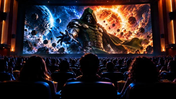 Doutor Destino, de capuz verde e máscara metálica, aparece em projeção de cinema em cenário cósmico ilustrativo.